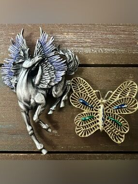 Vintage Pewter Pegasus Brooch 80's JJ Signed & Vintage Filigree Butterfly
